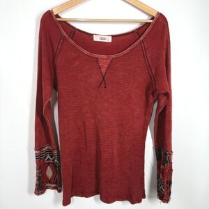 ABLE Long Sleeve Thermal Knit Boho Aztec Cuff Shirt Women's Size L Rust Red y2k